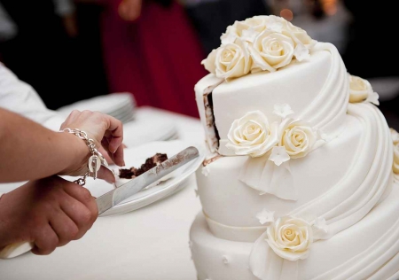 A bride and groom cutting a wedding cake together.