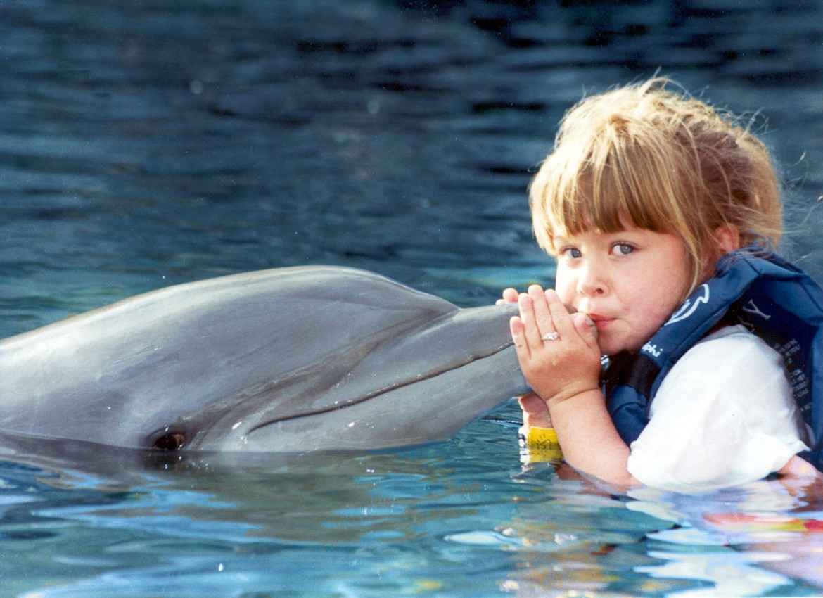 A young girl kissing a dolphin.