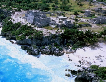 An aerial view of the Tululm ruins and the Tulum beach.
