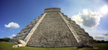 A close-up view of one of the large pyramids in the Chichen Itza Park.