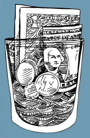 A tip jar cartoon with bills and coins inside of it.