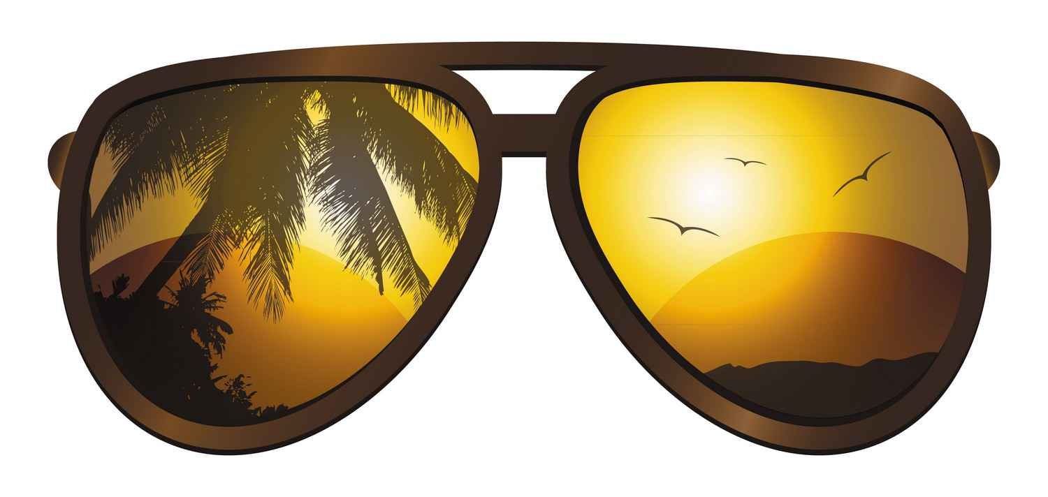 A graphic showing a pair of sunglasses reflecting a palm tree and beach.