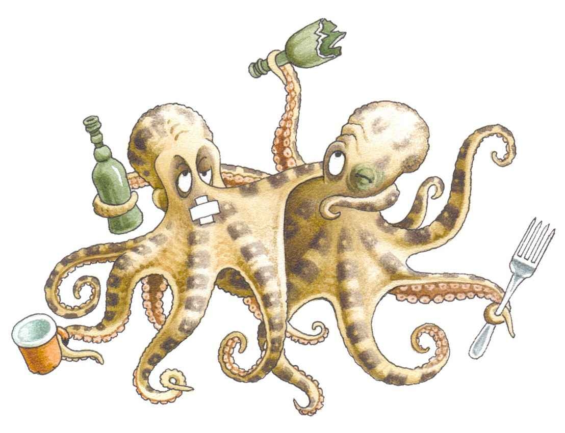 A cartoon of several drunk octopuses fighting each other.