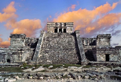 A front view of an ancient Mayan pyramid in Tulum.