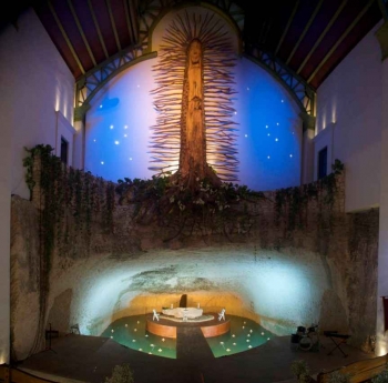 A symbolic Mayan tree inside of the church at Xcaret.